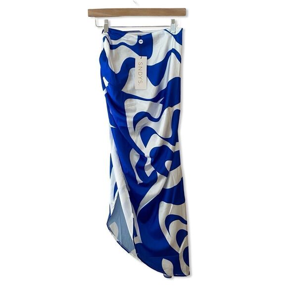 NWT SNDYS Kai Skirt Blue Swirl print sarong style high slit resort Revolve M - Picture 8 of 12